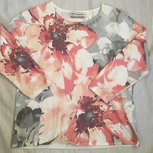 Light spring sweater - 3/4 sleeve light weight sweater - gray & pink